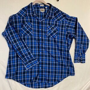 Ely Cattleman Mens 4XLT Blue Plaid Pearl Snap Western Long Sleeve Shirt Tall Man